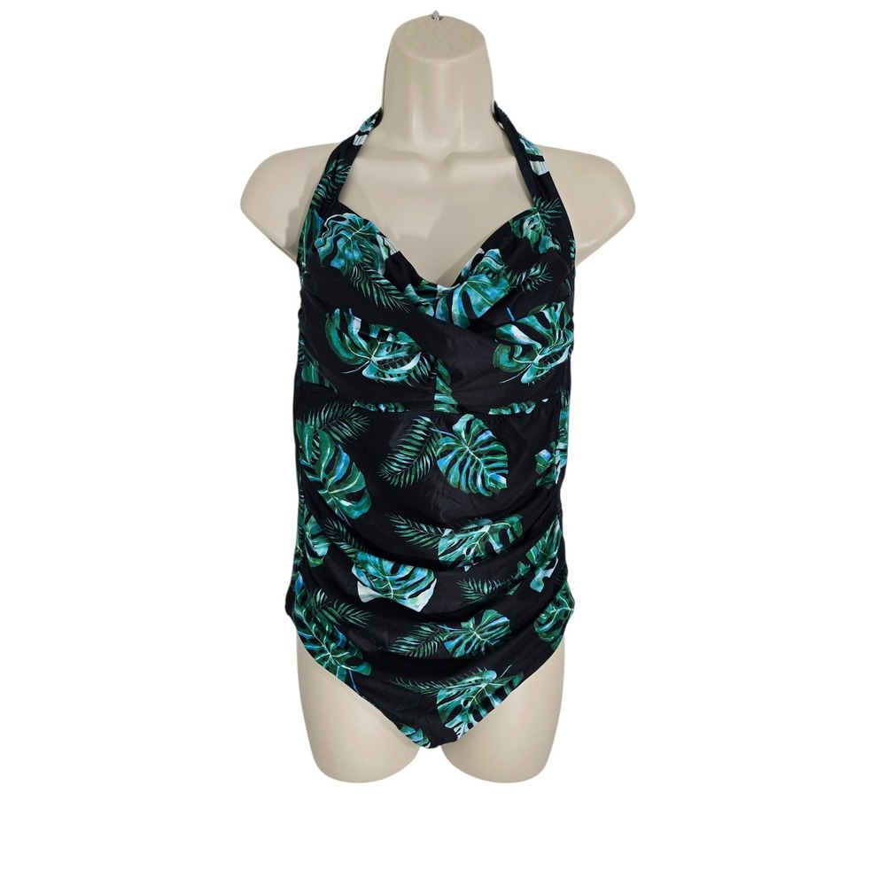 Tempt Me Women Tropical Monstera Leaf Ruched Halter One Piece Swimsuit 18W Black